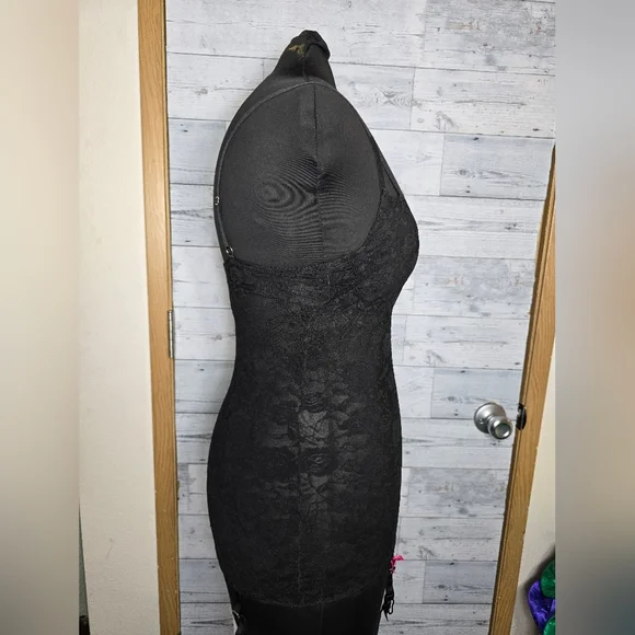 Rene Rofe Intimates Black Floral Lace Babydoll Pink Bows Lingerie Top - Picture 2 of 7